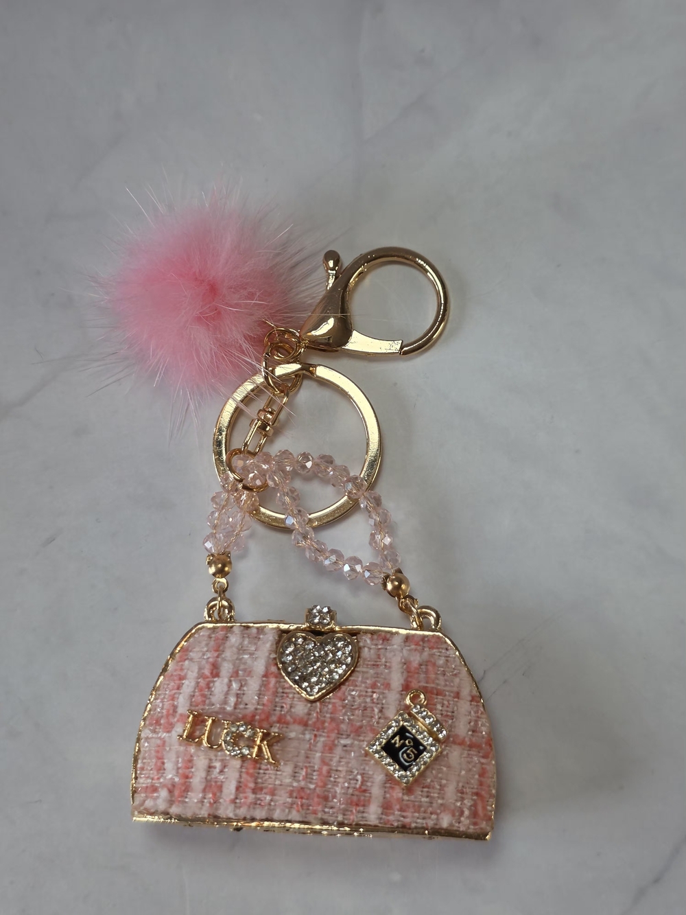 Chic Pink Tweed Purse Bag Charm Keychain with Faux Fur Pom | New